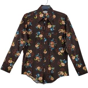 Vtg 70s National Shirt Shops Disco Shirt Mens M 15.5 Huge Dagger Collar Floral